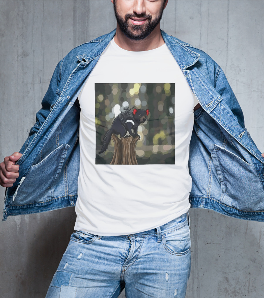 Tasmanian Devil With Machine Gun Cartoon On Tree Stump T-Shirt