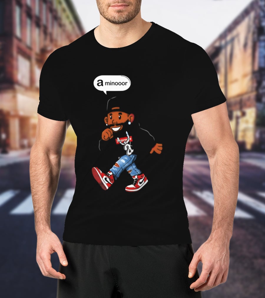 Kendrick Lamar Streetwear Cartoon Miniooor Red Sneakers Blue Jeans T-Shirt