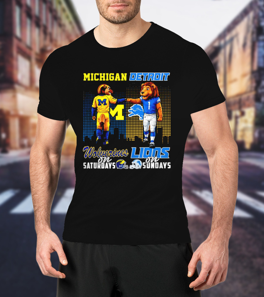 Michigan Wolverines Saturdays Detroit Lions Sundays Skyline T-Shirt