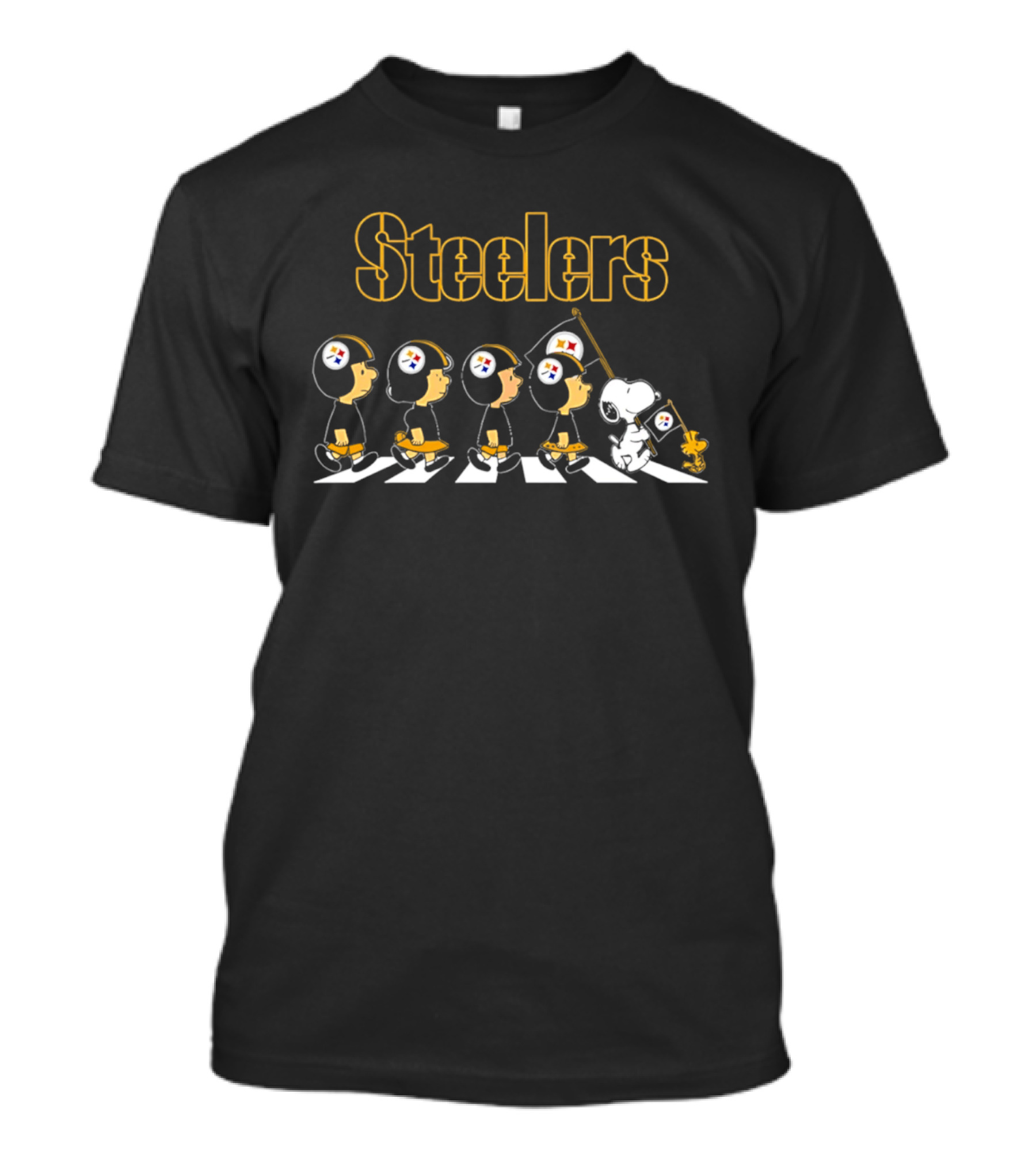 Steelers Peanuts Characters Walking With Football Flag T-Shirt