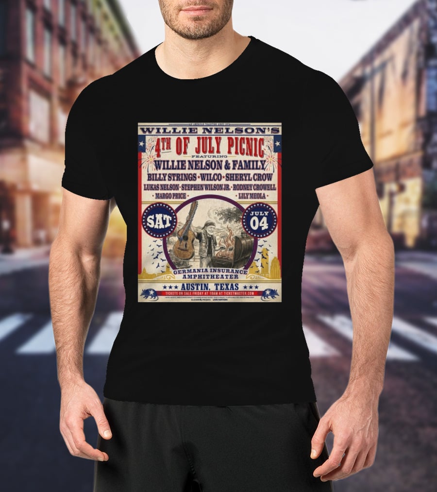 Willie Nelson's 4th Of July Picnic Willie Nelson & Family Billy Strings Wilco Sheryl Crow Austin Texas Germania Insurance Amphitheater July 4 2026 T-Shirt