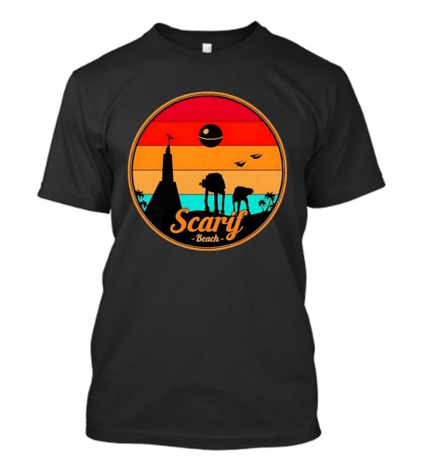 Scarif Beach Sunset With AT ACT Walkers And Death Star T-Shirt