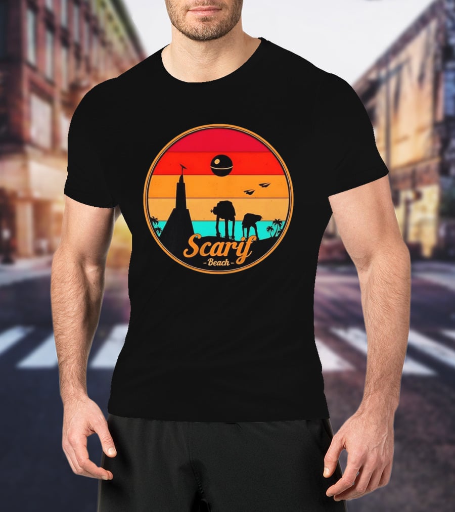 Scarif Beach Sunset With AT ACT Walkers And Death Star T-Shirt