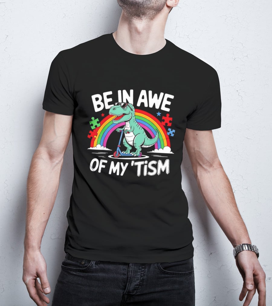 Be In Awe Of My Tism Rex Dinosaur Autism Awareness Rainbow Puzzle T-Shirt