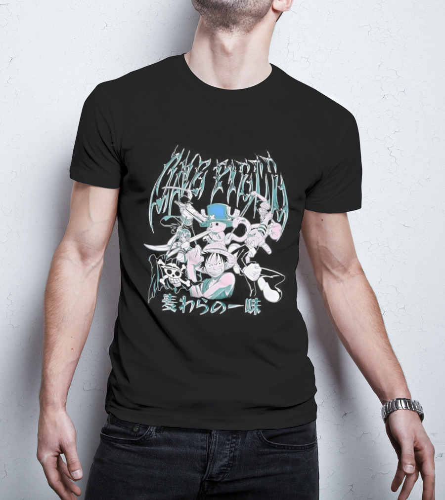 One Piece Group Chrome Luffy Zoro Nami Sanji Chopper Tony Tony Pirate Crew Manga Anime Style Kanji T-Shirt