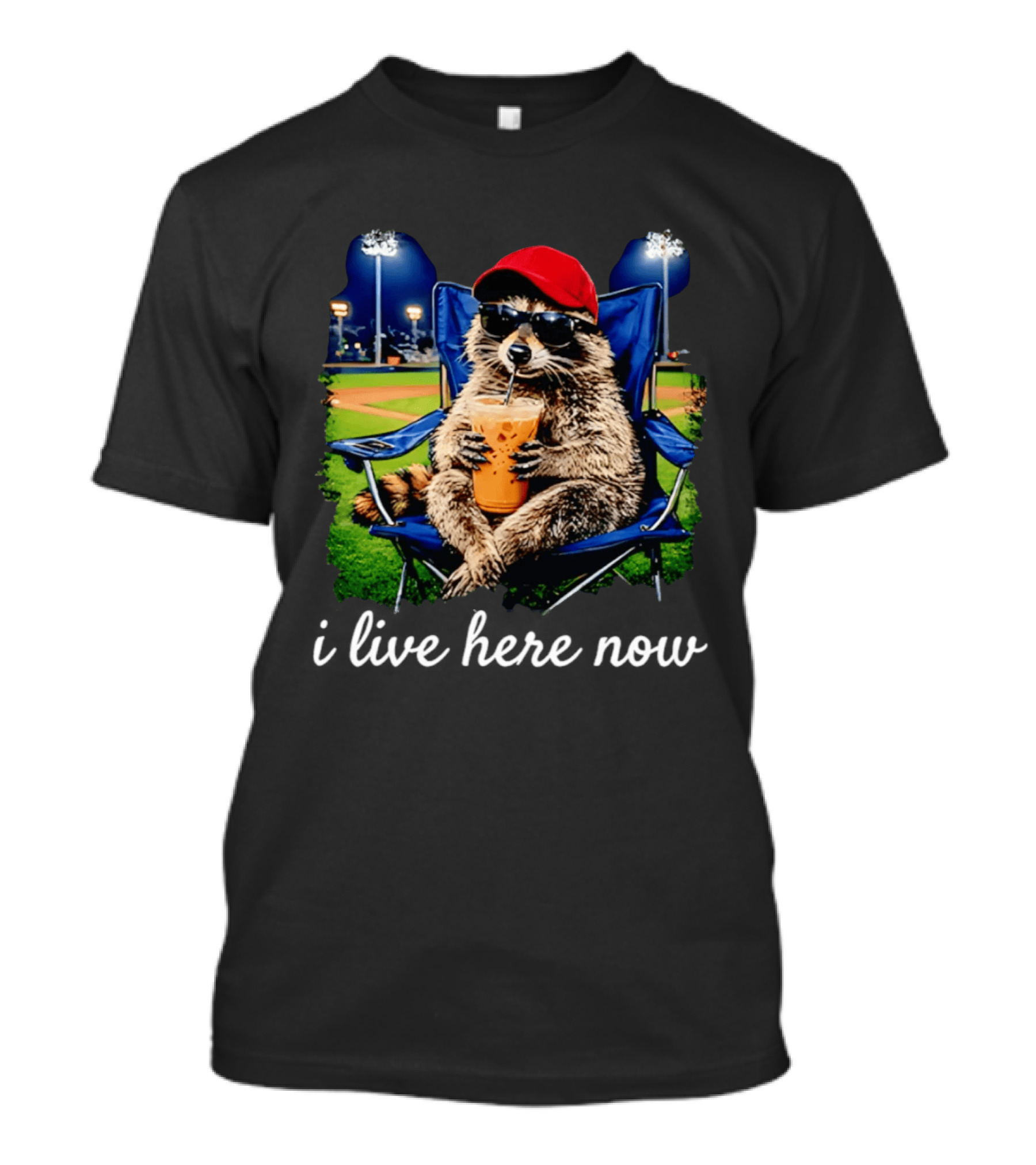 Raccoon I Live Here Now With Sunglasses And Drink At Baseball Field T-Shirt