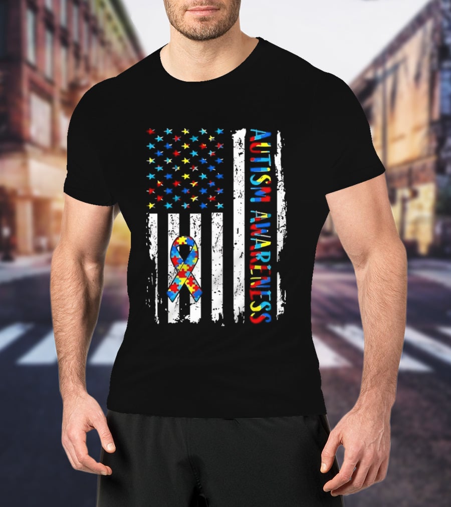 USA Flag Autism Awareness Ribbon Puzzle Pieces T-Shirt