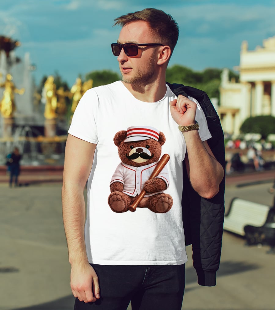 Teddy Bear Baseball Player With Bat And Jeyser Striped Uniform T-Shirt