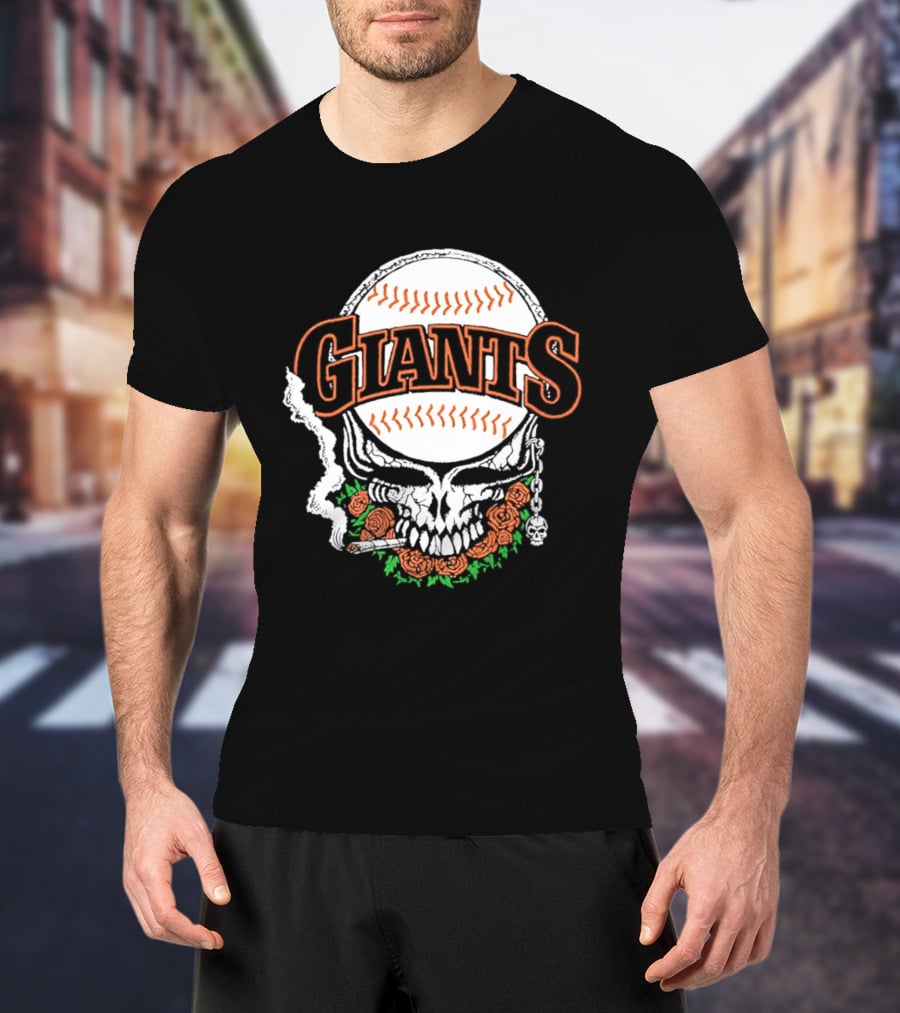 San Francisco Giants Skull With Baseball And Roses T-Shirt