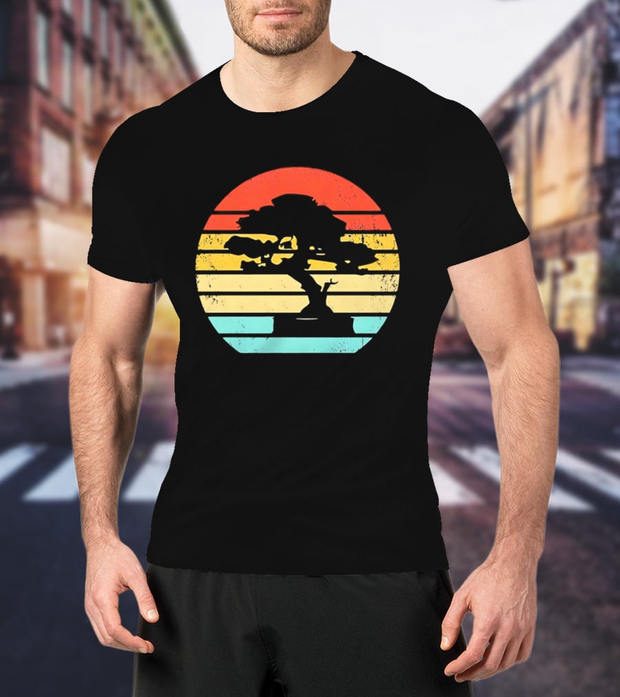 Bonsai Tree Silhouette Japan Retro Sunset T-Shirt
