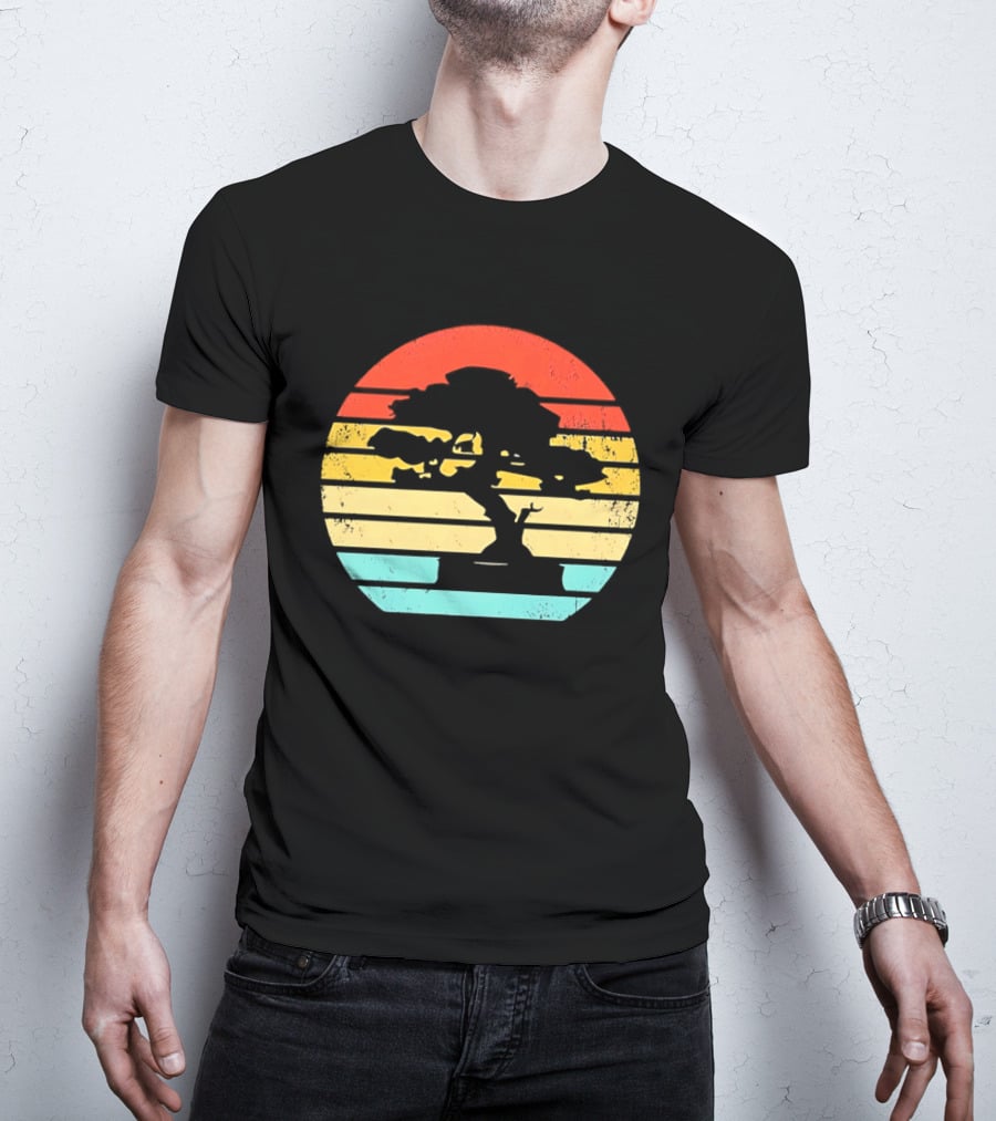 Bonsai Tree Silhouette Japan Retro Sunset T-Shirt
