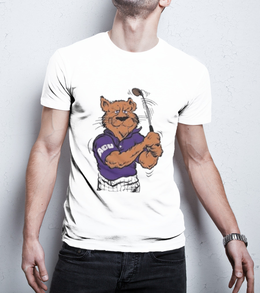 ACU Golf Puma In Purple Polo Swinging A Club T-Shirt