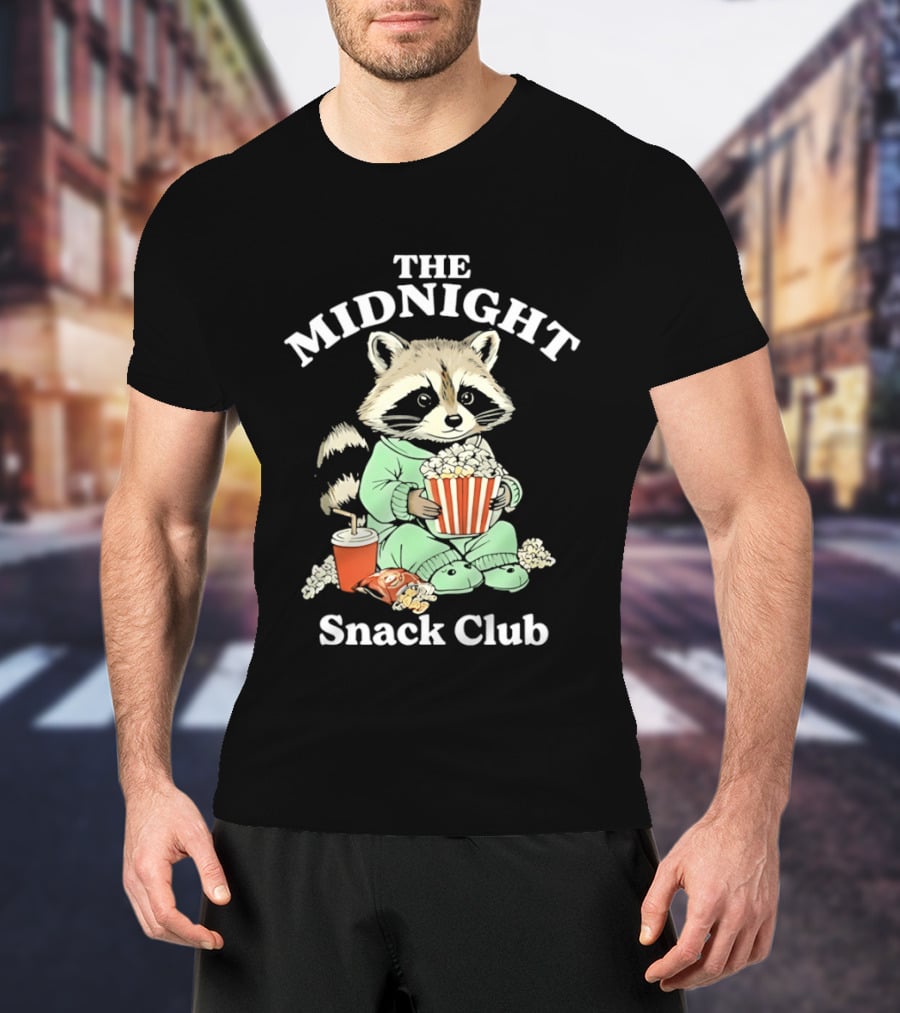The Midnight Snack Club Raccoon Eating Butter Popcorn Pajamas T-Shirt