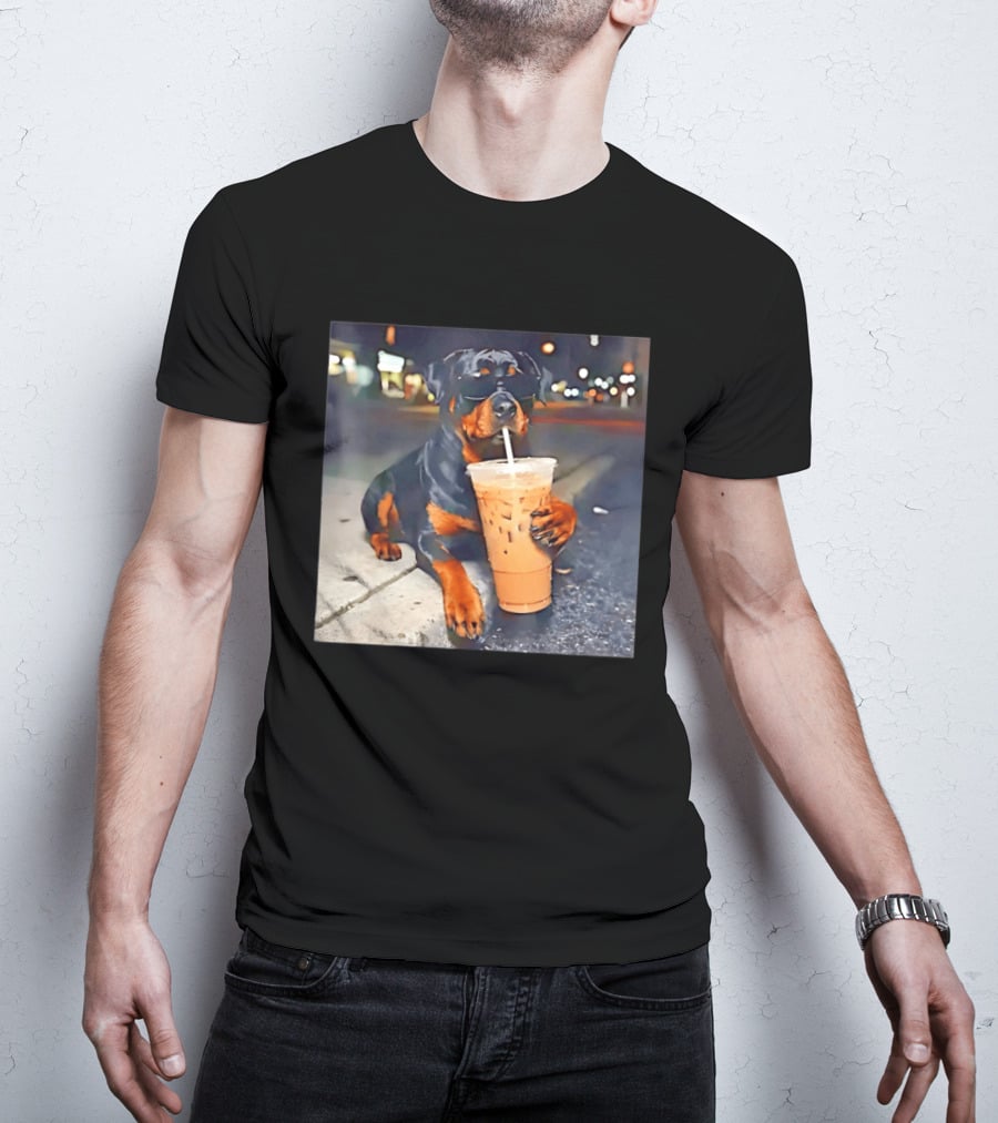 Rottweiler Drinking Iced Coffee Wearing Sunglasses Funny Dog T-Shirt