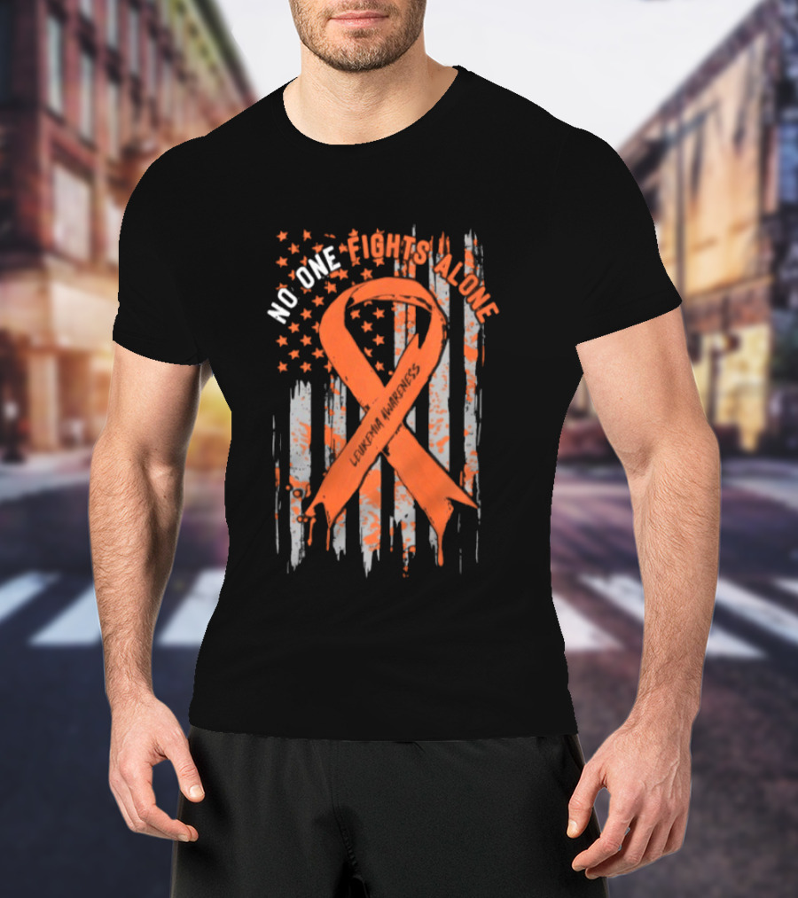 No One Fights Alone Leukemia Awareness Orange Ribbon American Flag T-Shirt