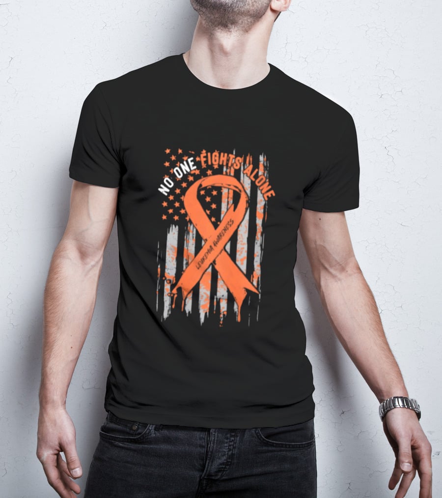 No One Fights Alone Leukemia Awareness Orange Ribbon American Flag T-Shirt