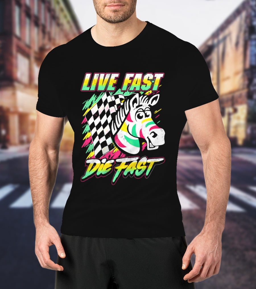 Zebra Checkered Flag Live Fast Die Fast Retro Neon T-Shirt