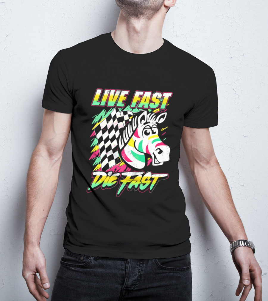 Zebra Checkered Flag Live Fast Die Fast Retro Neon T-Shirt