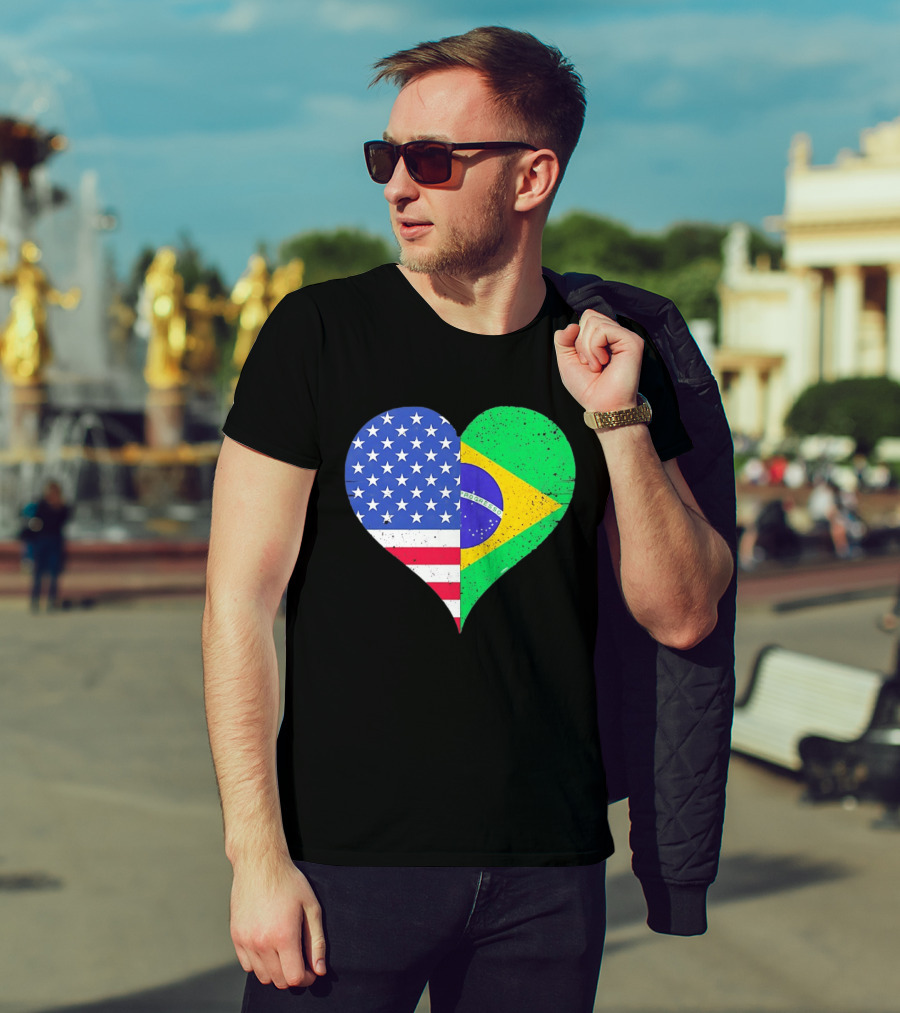 Brazilian And American Heart Flags Unity T-Shirt