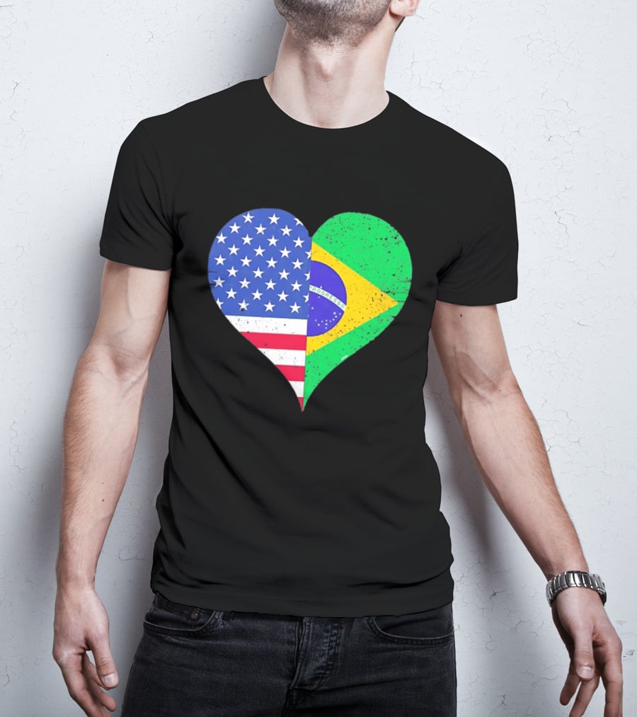 Brazilian And American Heart Flags Unity T-Shirt