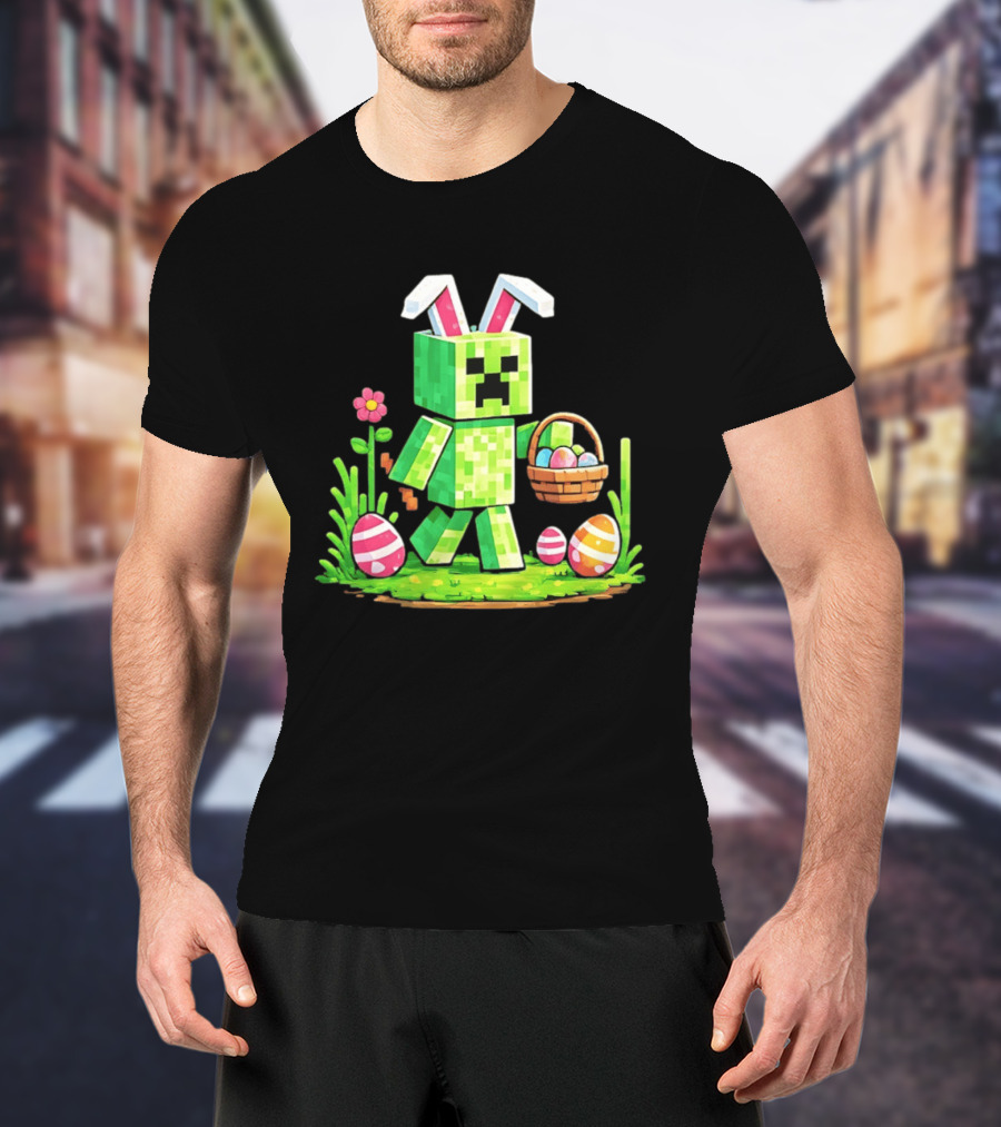 Creeper Rabbit Ears Easter Egg Hunt Gamer Pixel T-Shirt