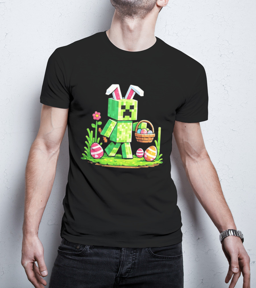 Creeper Rabbit Ears Easter Egg Hunt Gamer Pixel T-Shirt