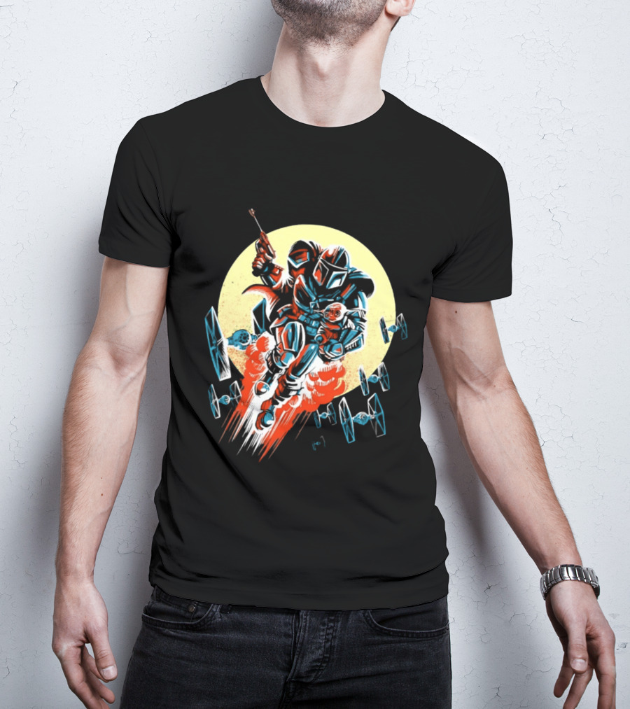 Din Djarin Grogu TIE Fighters Mandalorian Jetpack Adventure T-Shirt