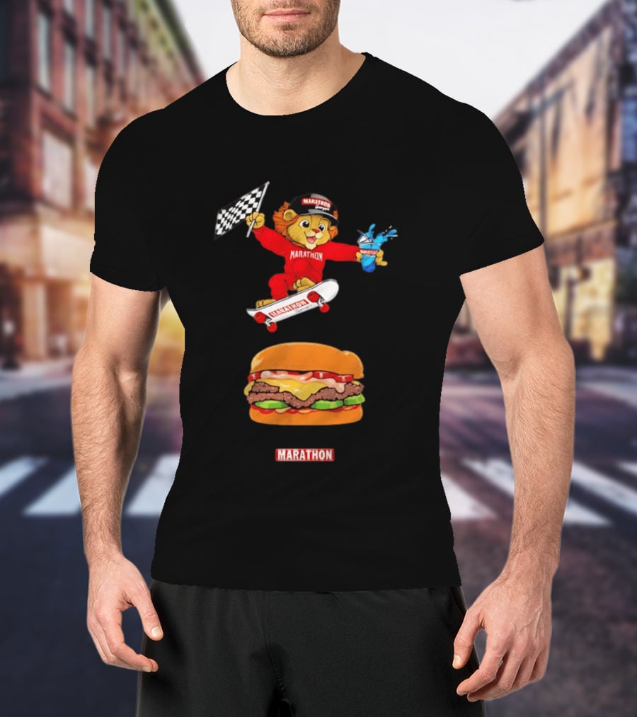 Marathon Lion Skateboarding Checkered Flag Cheeseburger T-Shirt