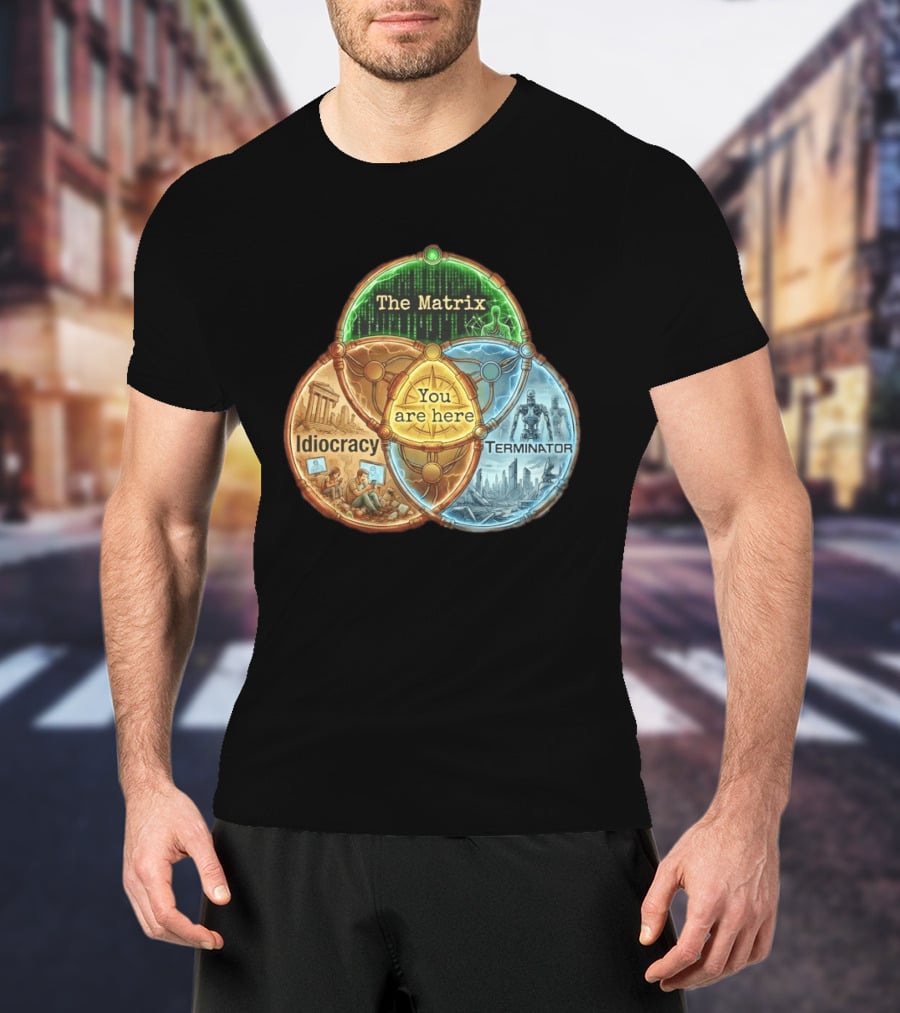 The Matrix Idiocracy Terminator You Are Here Fusion Of Iconic Sci Fi Dystopias T-Shirt
