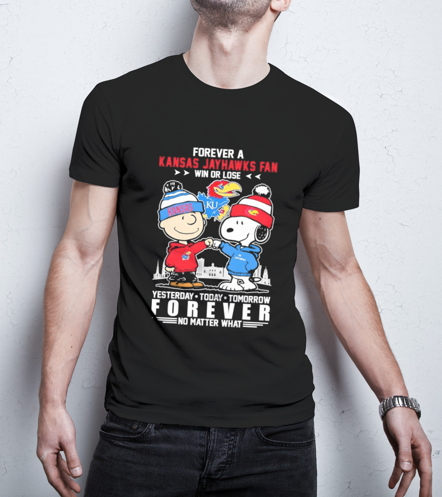 Kansas Jayhawks Fan Snoopy And Charlie Brown Win Or Lose Forever No Matter What T-Shirt