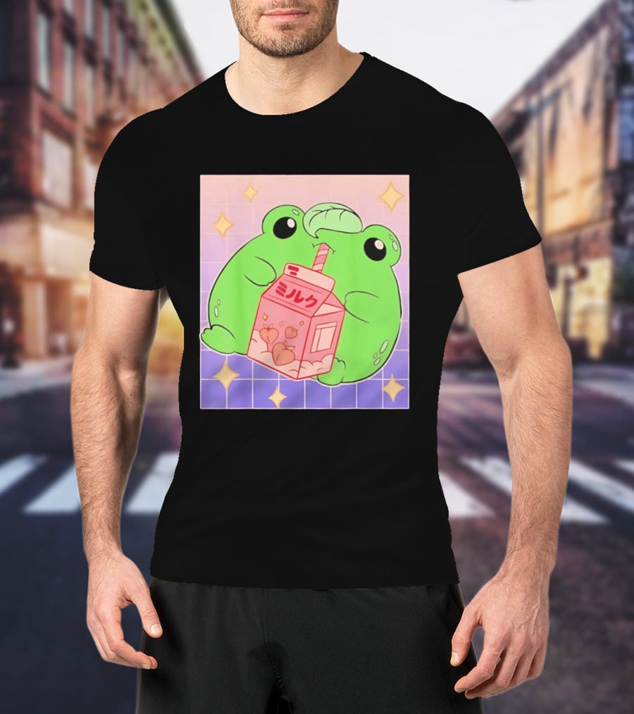 Frog With Peach Milk Box Kawaii Cartoon T-Shirt