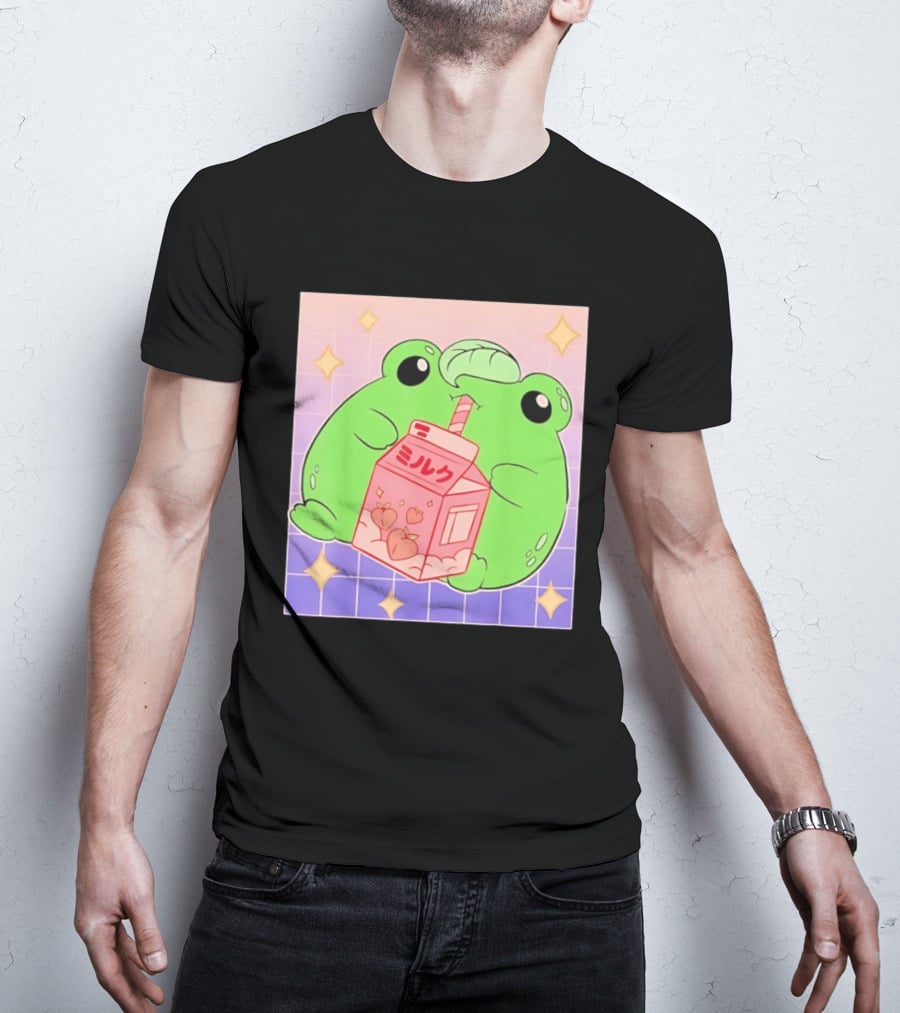 Frog With Peach Milk Box Kawaii Cartoon T-Shirt