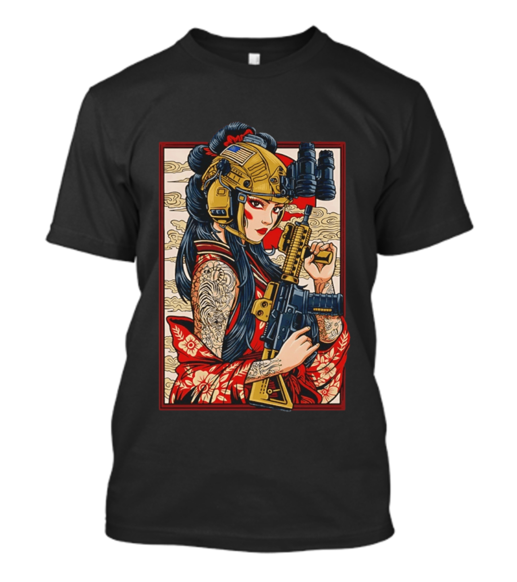 Geisha Anime Tactical Card Warrior With Helmet And Rifle T-Shirt