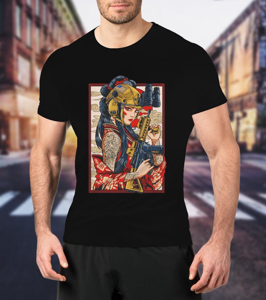 Geisha Anime Tactical Card Warrior With Helmet And Rifle T-Shirt