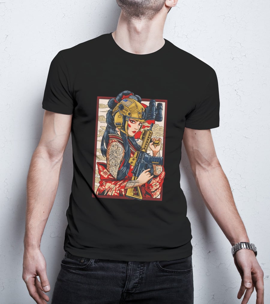 Geisha Anime Tactical Card Warrior With Helmet And Rifle T-Shirt