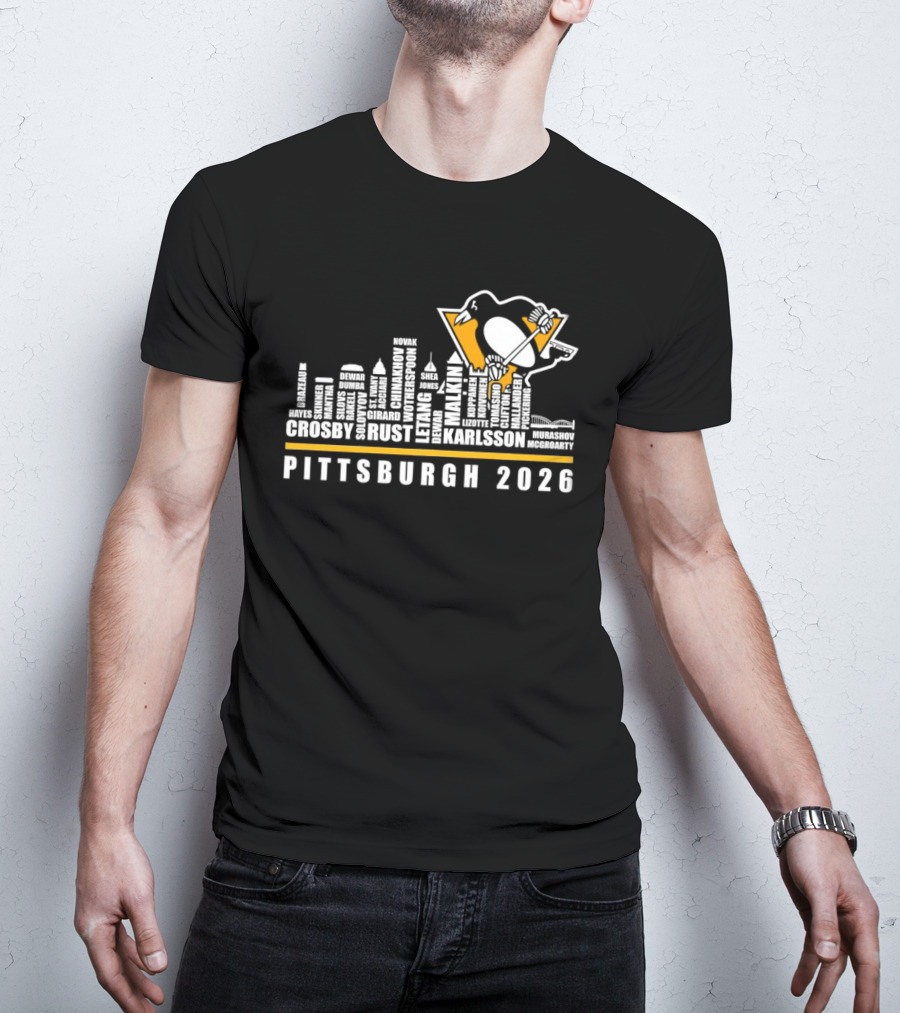 Pittsburgh Penguins Crosby Malkin Letang Karlsson Skyline 2026 T-Shirt