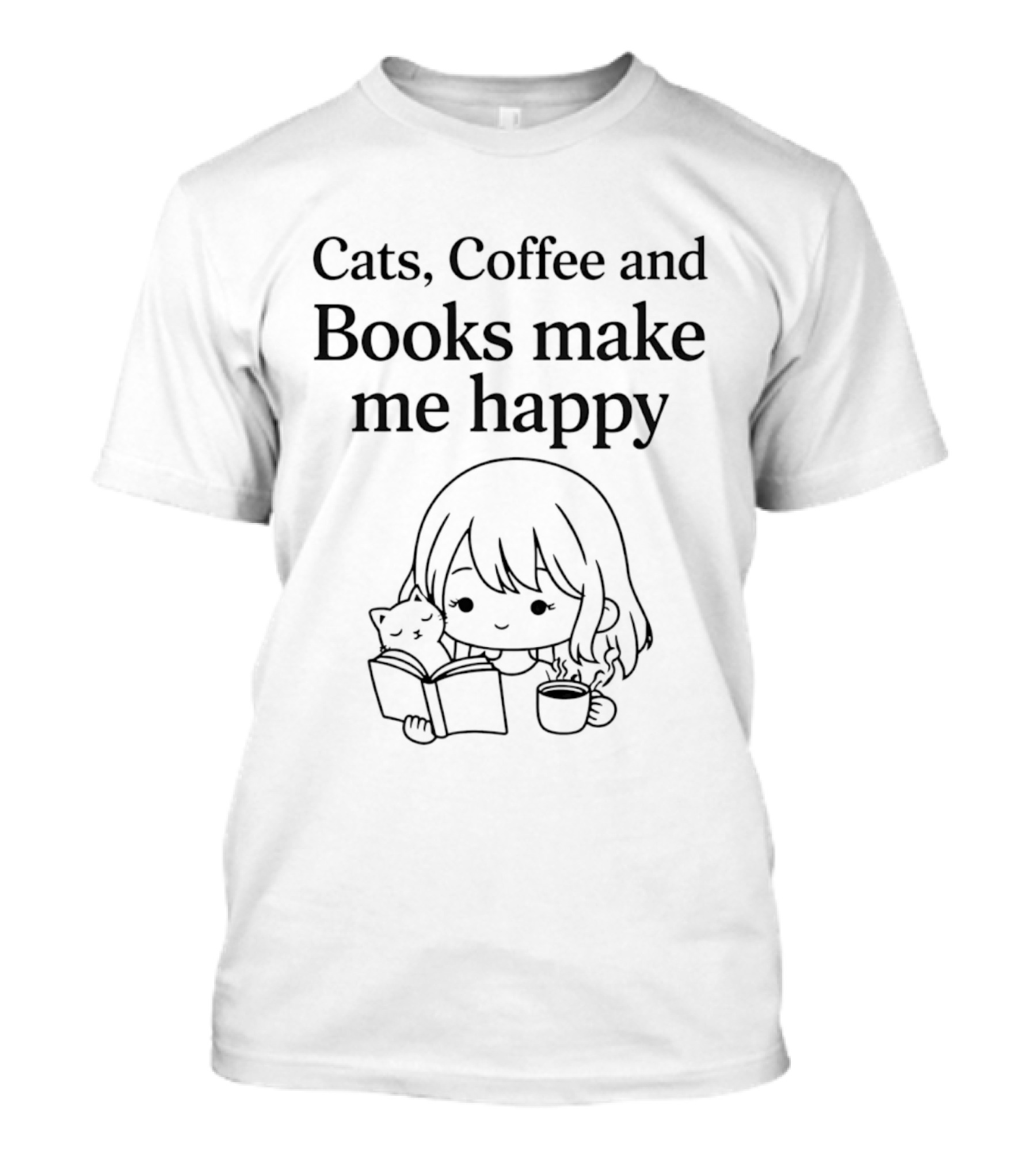 Cats Coffee And Books Make Me Happy With Adorable Cat And Girl Reading T-Shirt