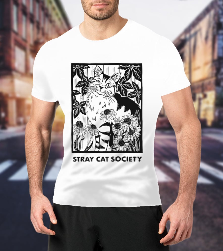 Stray Cat Society Floral And Feline Illustration With Botanical T-Shirt