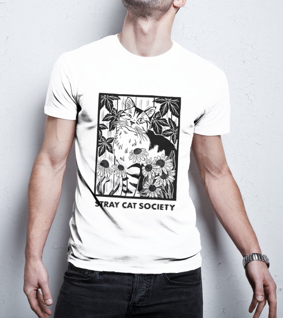 Stray Cat Society Floral And Feline Illustration With Botanical T-Shirt