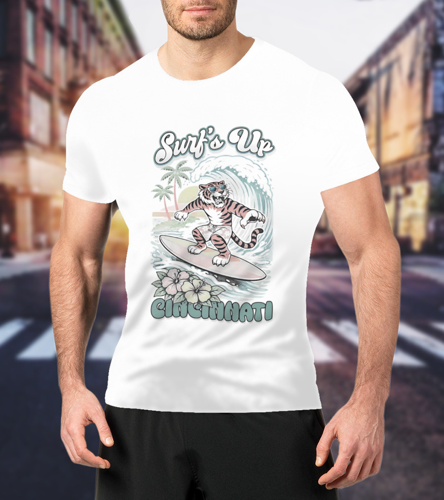 Surf's Up Cincinnati Tiger Riding Wave With Palm Trees And Sunset T-Shirt