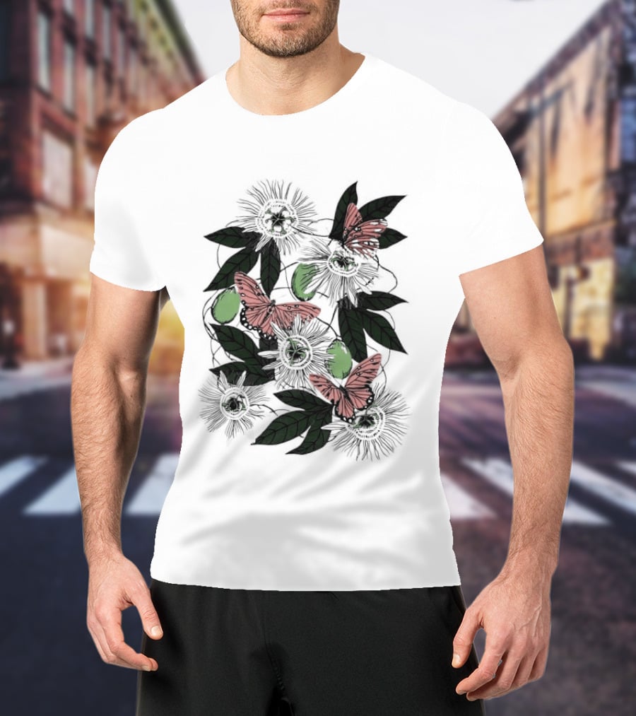 Passion Flower Pistachio Incarnata Red Butterflies Adult T-Shirt