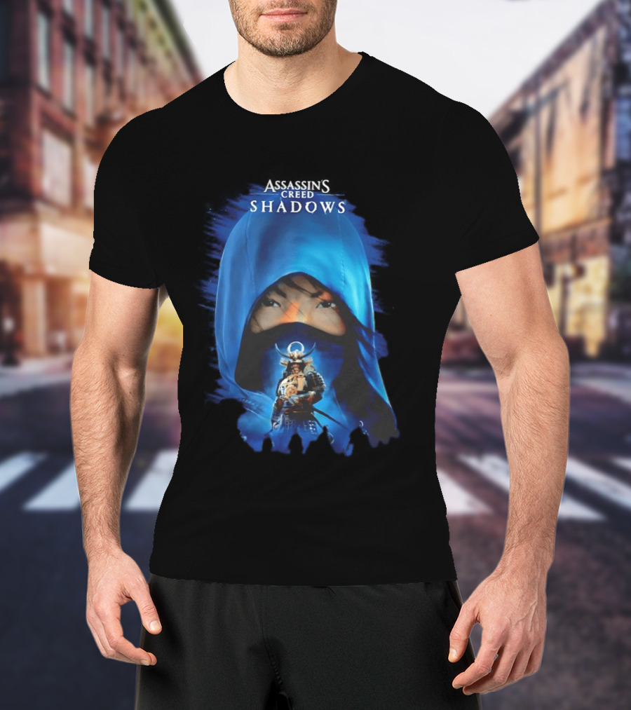 Assassin's Creed Shadows Blue Cloaked Figure With Samurai Warrior T-Shirt