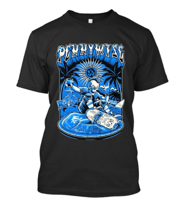 Pennywise South America Tour 2026 Skater Beach Scene With Skeleton And Skateboard Palms Waves Cup Blue Sunburst T-Shirt