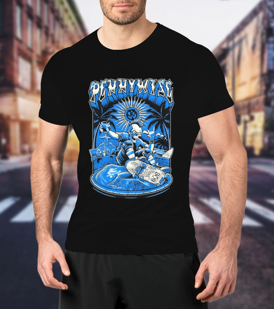Pennywise South America Tour 2026 Skater Beach Scene With Skeleton And Skateboard Palms Waves Cup Blue Sunburst T-Shirt