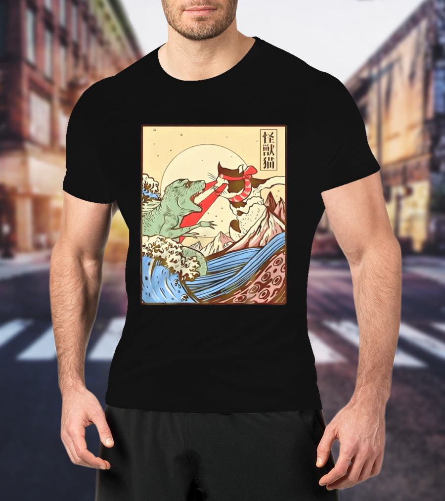 Japanese Great Wave Cat Vs Monster Classic Kaiju T-Shirt