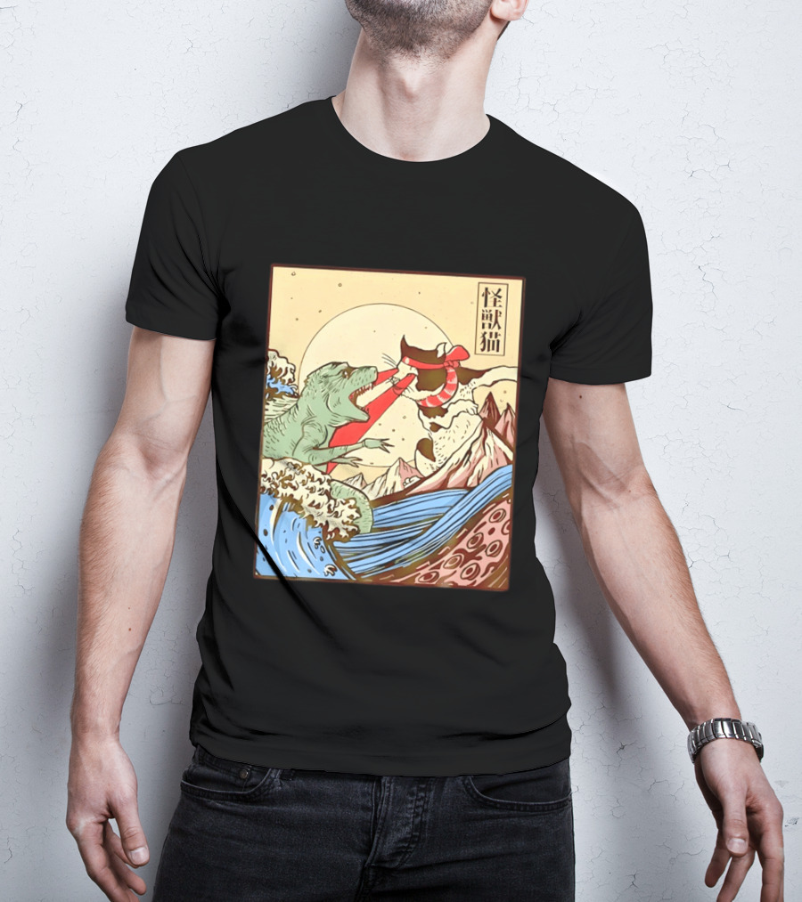 Japanese Great Wave Cat Vs Monster Classic Kaiju T-Shirt