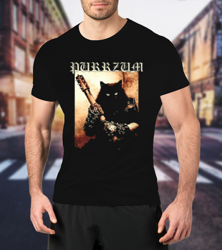 Purrzum Cat Black Metal Aesthetic Feline Holding Guitar T-Shirt