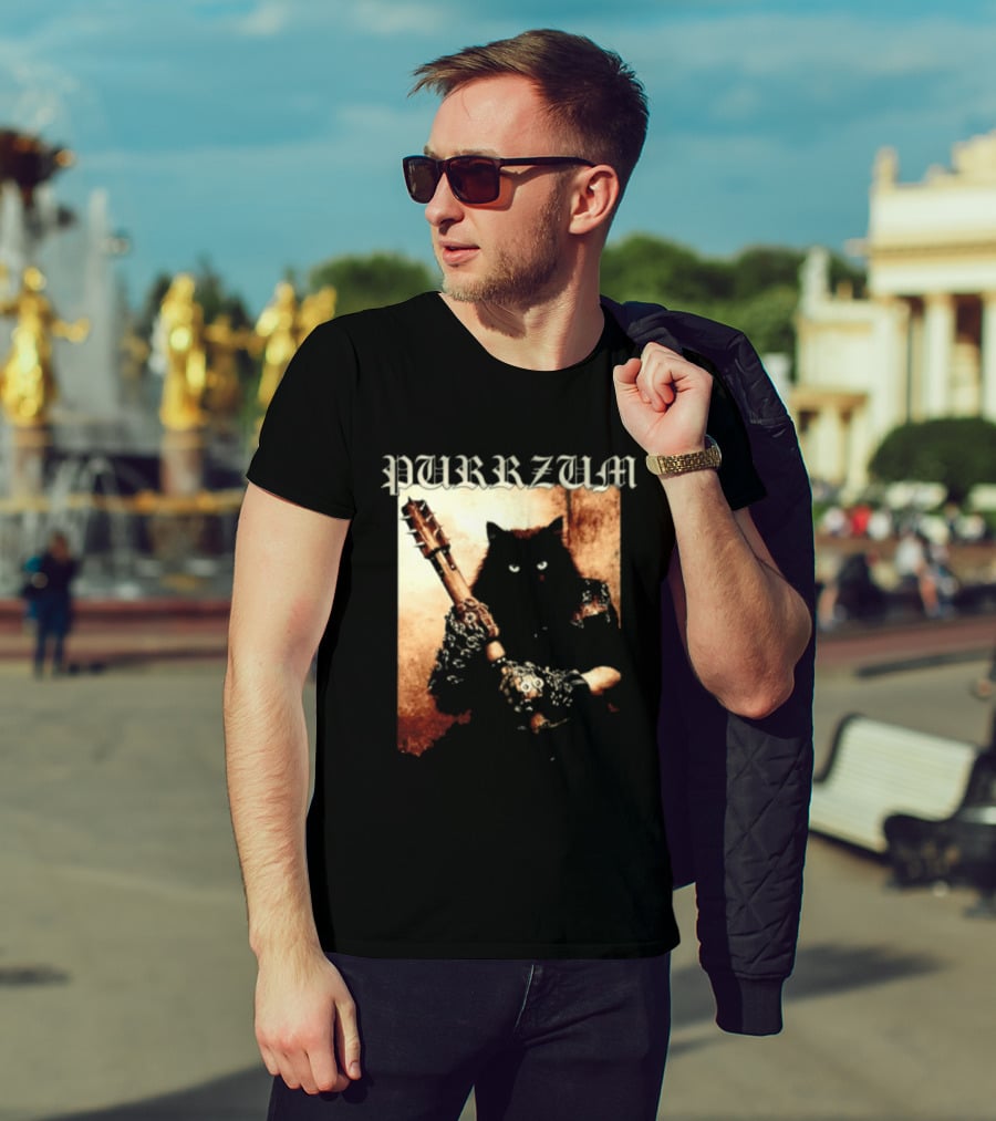 Purrzum Cat Black Metal Aesthetic Feline Holding Guitar T-Shirt