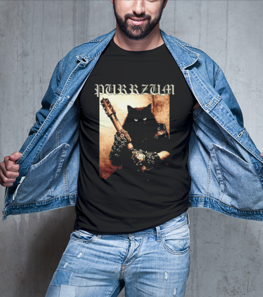 Purrzum Cat Black Metal Aesthetic Feline Holding Guitar T-Shirt