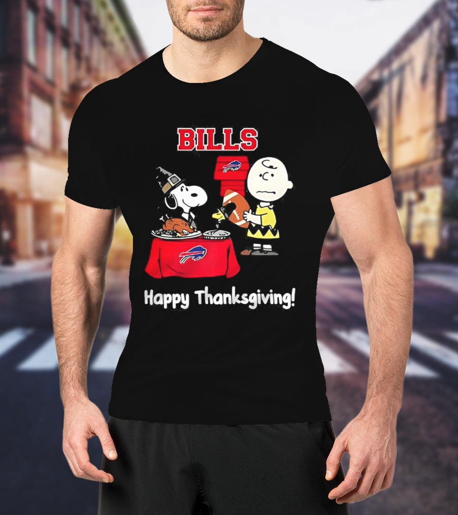 Snoopy And Charlie Brown Celebrate Buffalo Bills Happy Thanksgiving T-Shirt